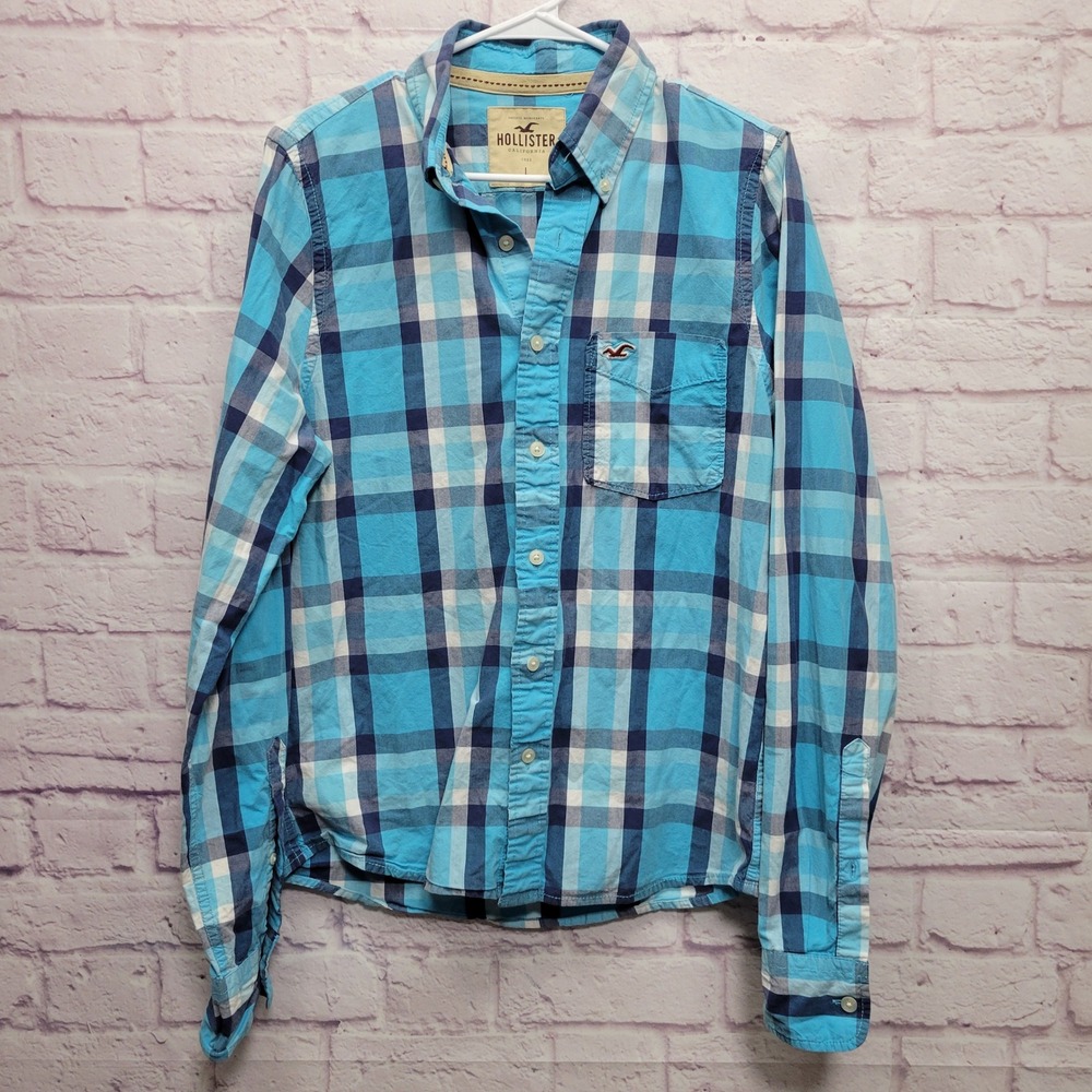 Y2K Hollister Blue Plaid Button Shirt Mens L‎ Preppy Skater Casual Streetwear